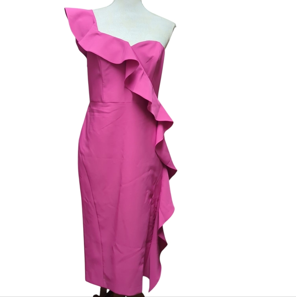 AIDAN MATTOX | Fuchsia Crepe Dress Size 10 New With Tags Ruffled One Shoulder